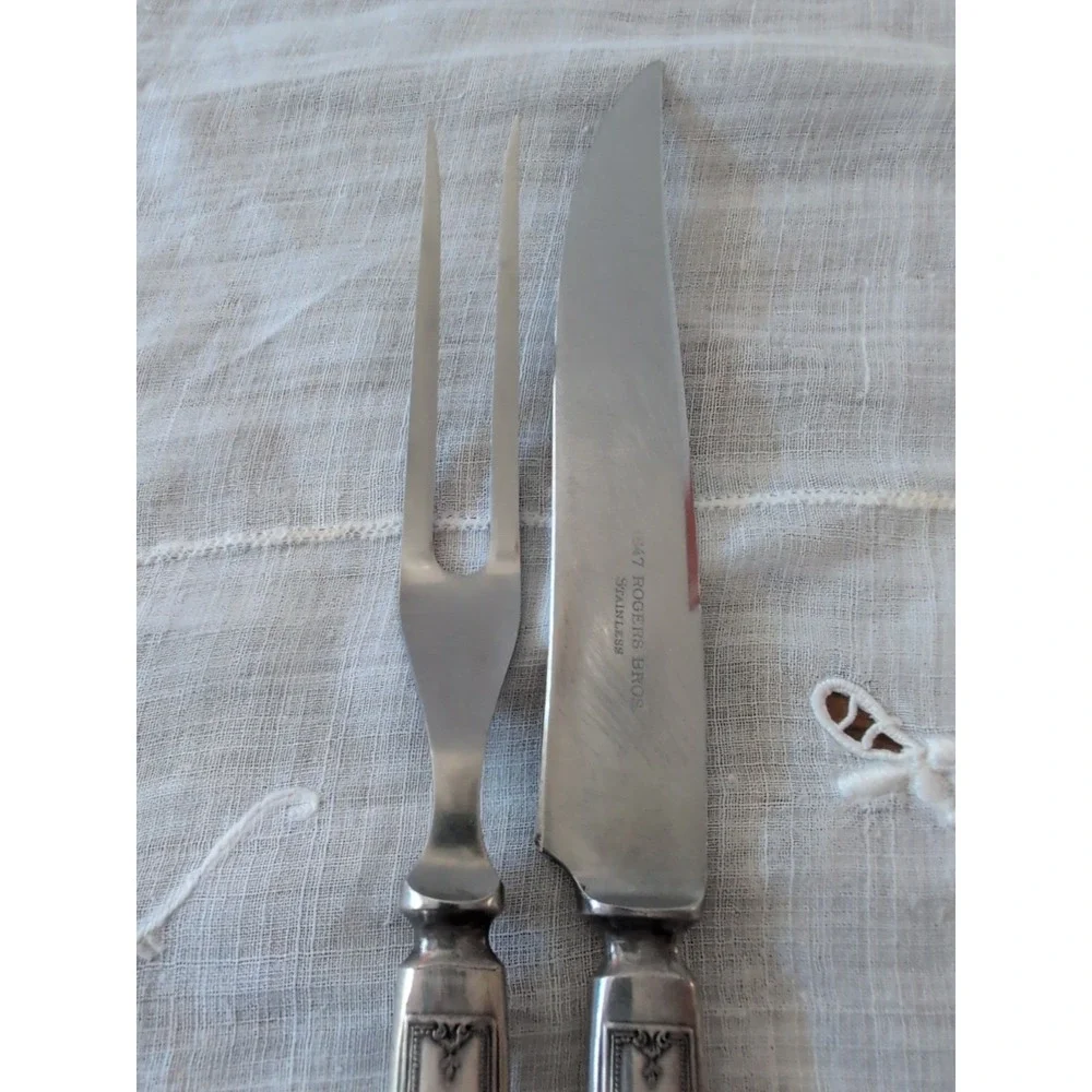 1847 Rogers Bros Ancestral Flatware Silverware Set Carving Knife & Fork W/M Mono